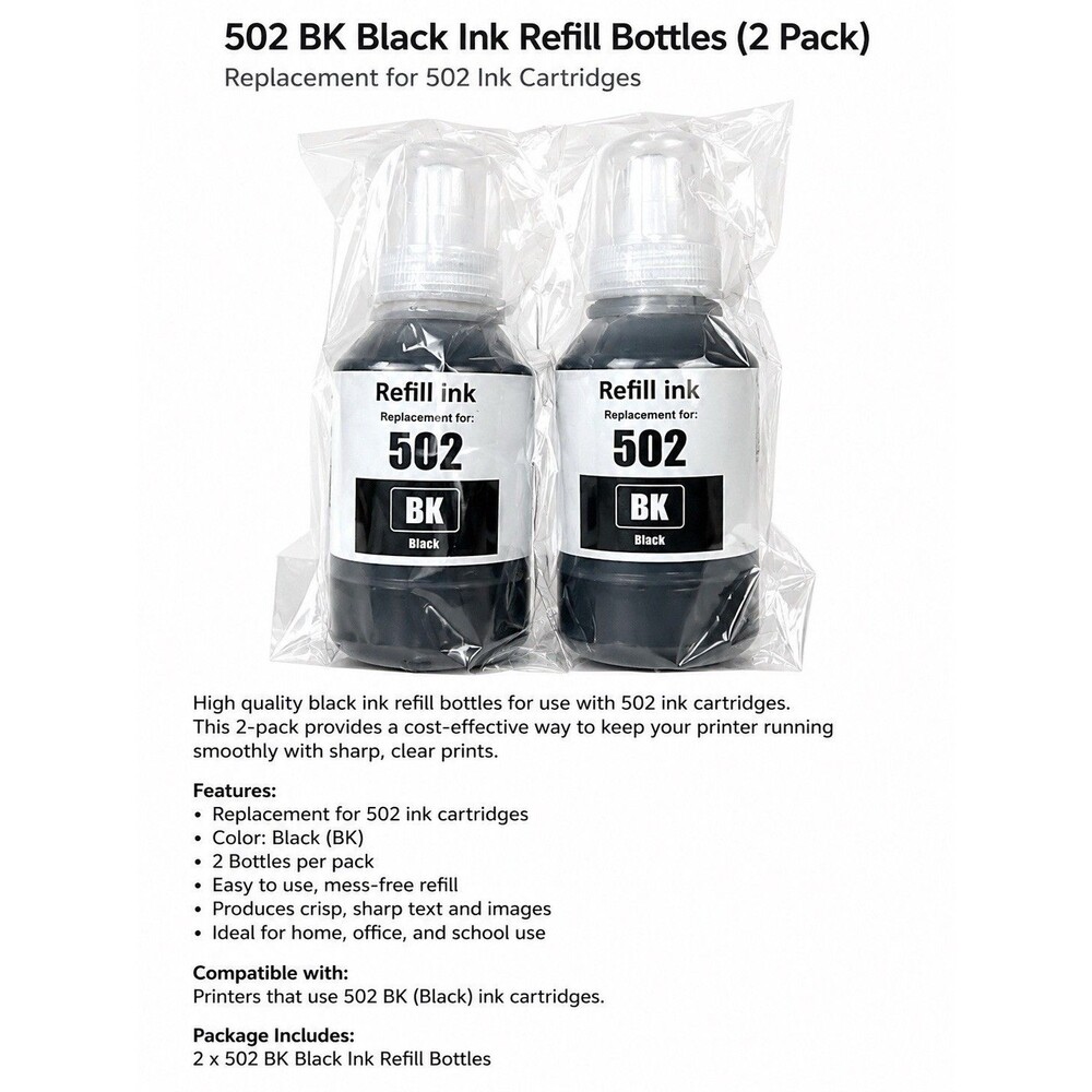SHUOLFI 502BK Black Ink Refill Bottles 127ml 2 Pack Sealed ET-3843 ET-2700